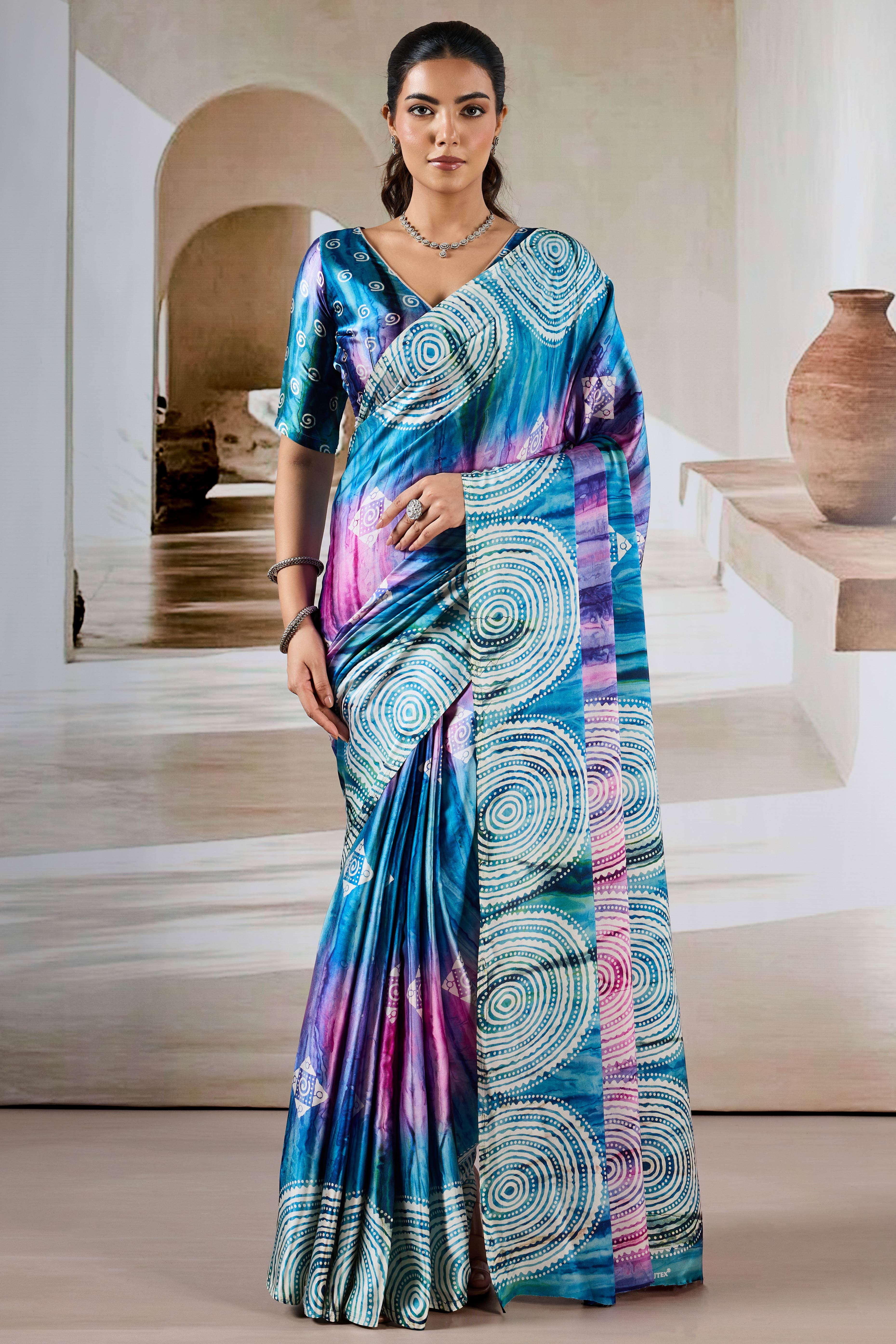 Luxury Blue Abstract Prism Print Modal Satin Saree Featuring Artistic Work