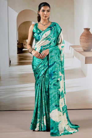 Luxury Sea Green Abstract & Floral Prism Print Modal Satin Saree Featuring Artistic Work