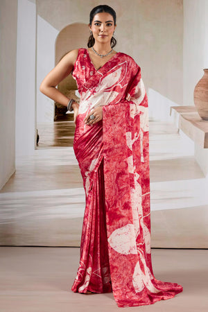Luxury Crimson Red Abstract & Floral Prism Print Modal Satin Saree Featuring Artistic Work