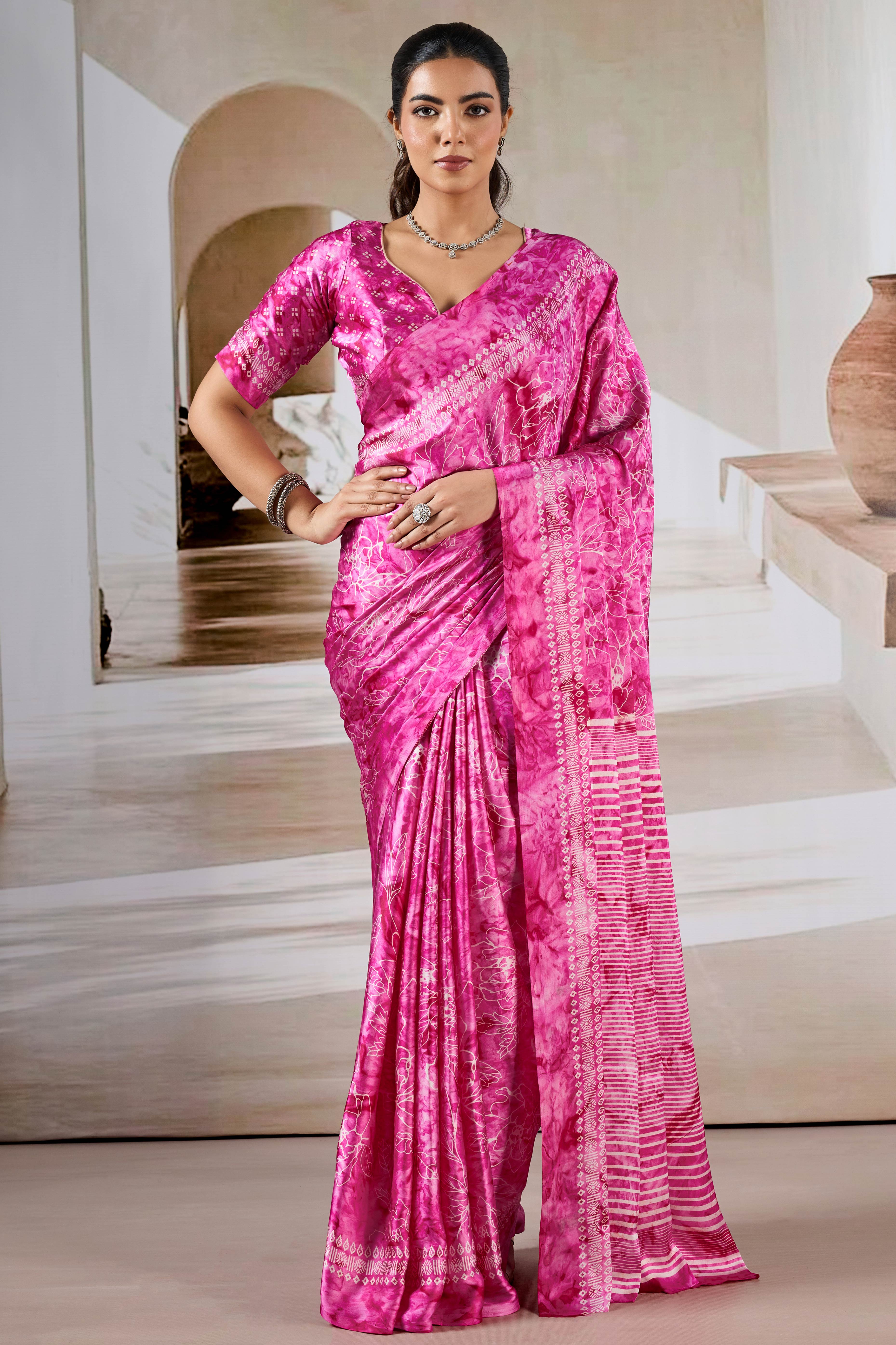 Luxury Pink Abstract Prism Print Modal Satin Saree Featuring Artistic Work