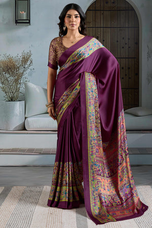Classic Wine Solid Modal Satin Saree With Multicolor Traditional Folk Art Printed Border & Pallu