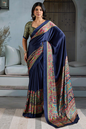 Classic Navy Blue Solid Modal Satin Saree With Multicolor Traditional Folk Art Print Border & Pallu