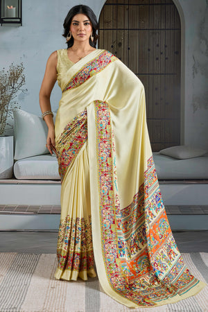 Classic Cream Solid Modal Satin Saree With Multicolor Traditional Folk Art Printed Border & Pallu