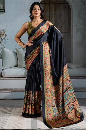 Classic Black Solid Modal Satin Saree With Multicolor Traditional Folk Art Printed Border & Pallu