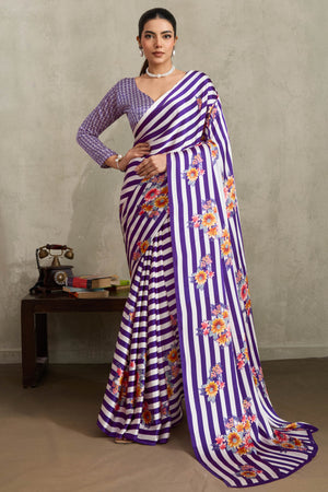 Purple Elegant Ajrakh Printed Modal Satin Saree Designed for Festive & Party Occasions