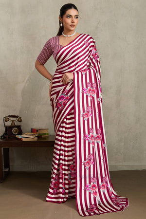 Wine Elegant Ajrakh Printed Modal Satin Saree Designed for Festive & Party Occasions