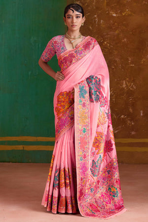 Luxurious Pink Leaf Motif Pashmina Weaving Modal Cotton Blend Saree With Refined Appeal