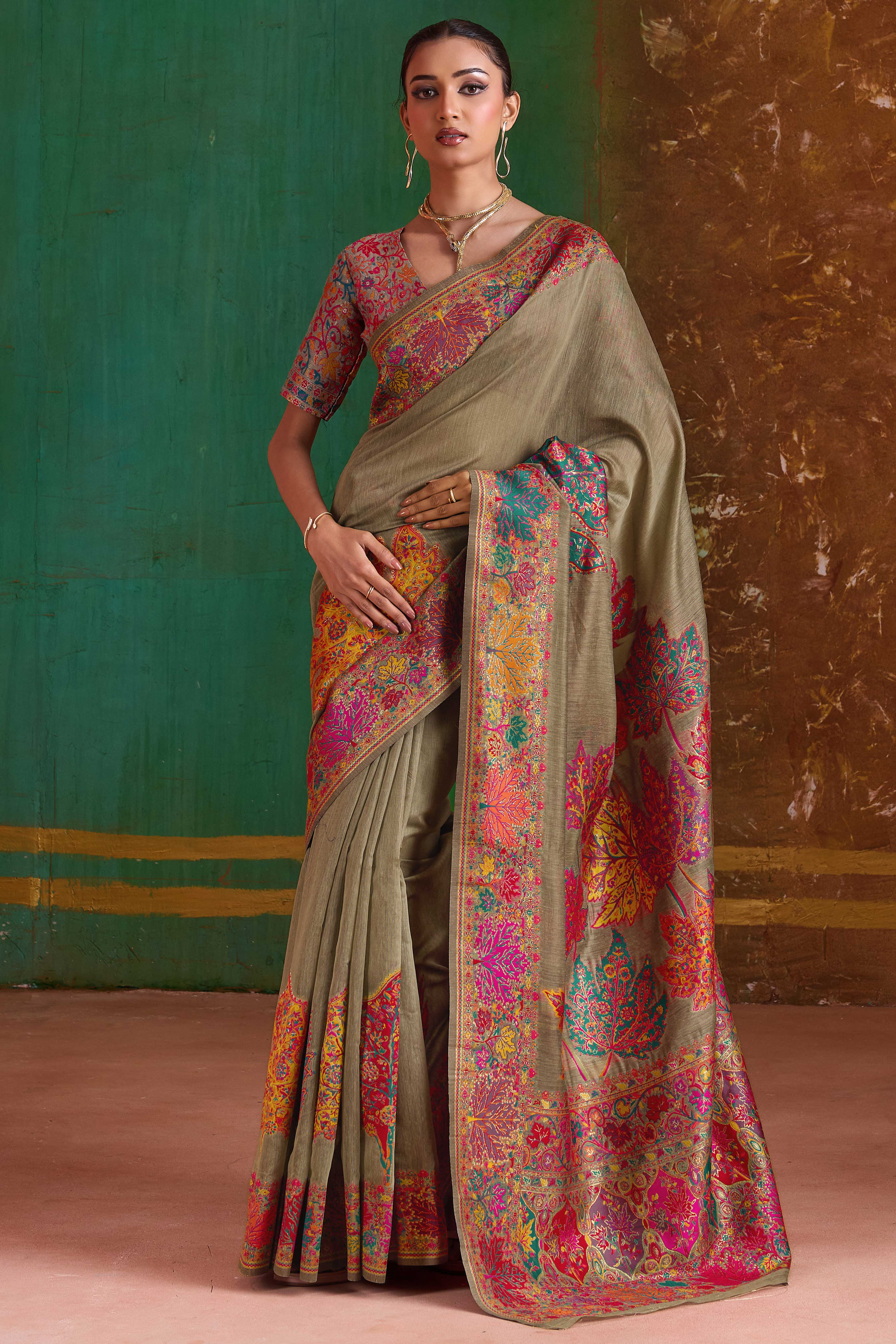 Luxurious Dark Chikoo Leaf Motif Pashmina Weaving Modal Cotton Blend Saree With Refined Appeal