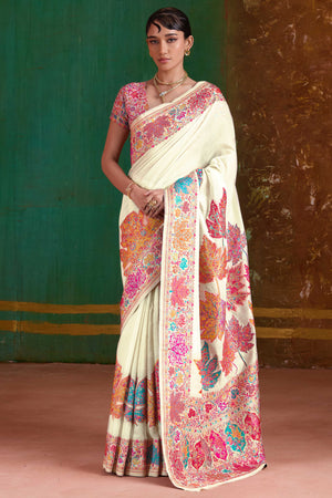 Luxurious Offwhite Leaf Motif Pashmina Weaving Modal Cotton Blend Saree With Refined Appeal