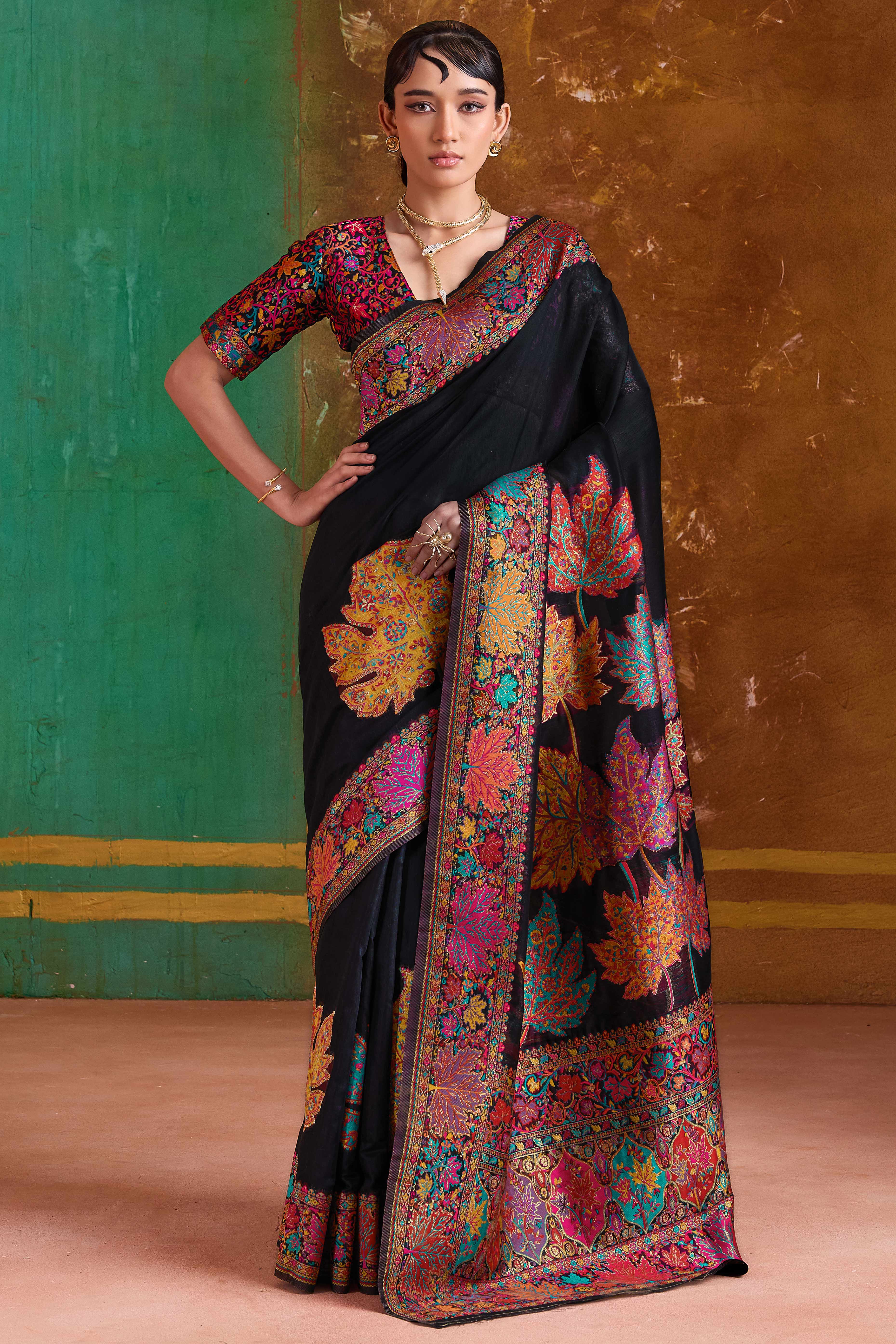 Luxurious Black Leaf Motif Pashmina Weaving Modal Cotton Blend Saree With Refined Appeal