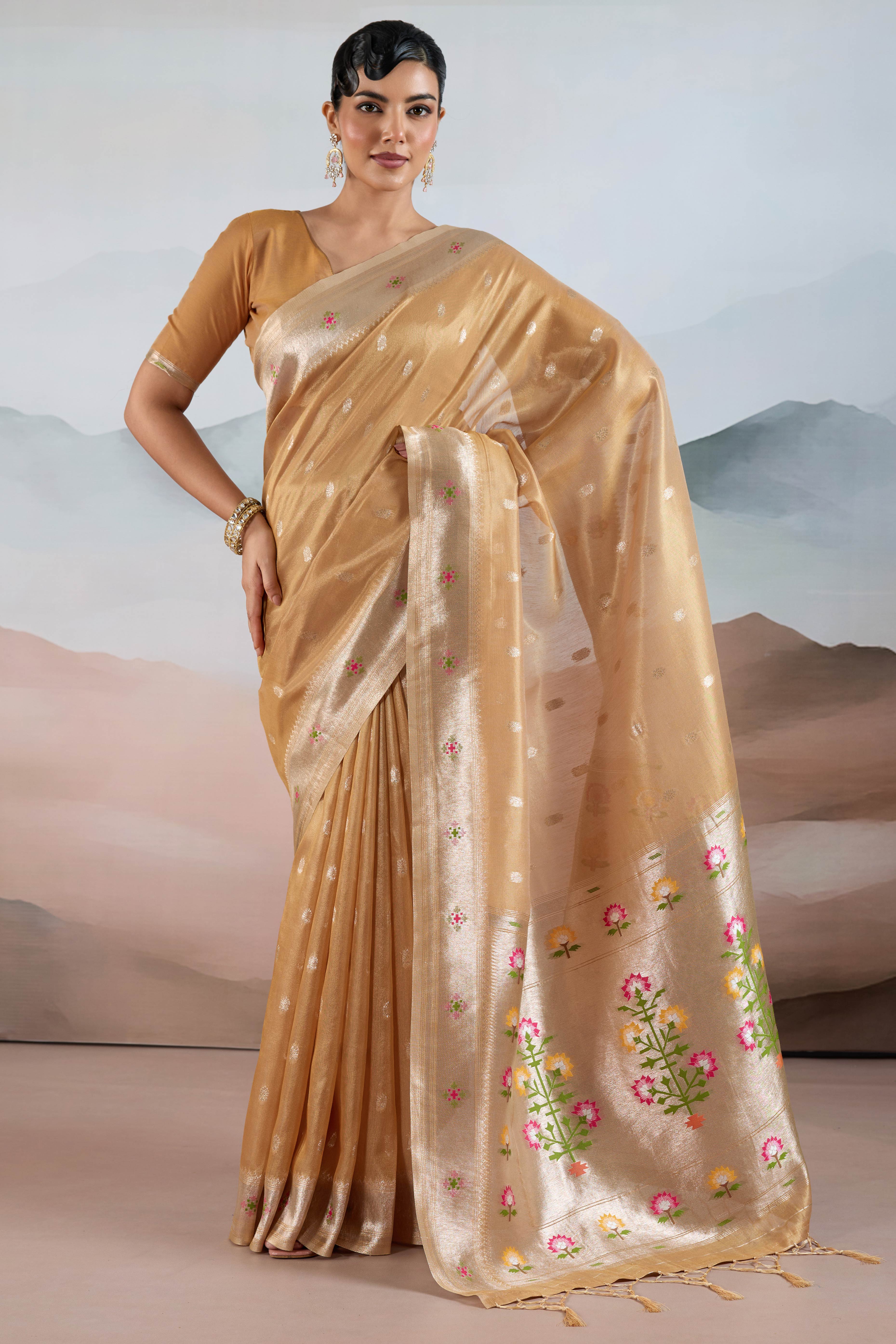Beige Festive Tissue Saree Crafted with Artistic Zari Butti Weaving and a Featherlight Texture