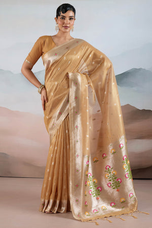Beige Festive Tissue Saree Crafted with Artistic Zari Butti Weaving and a Featherlight Texture