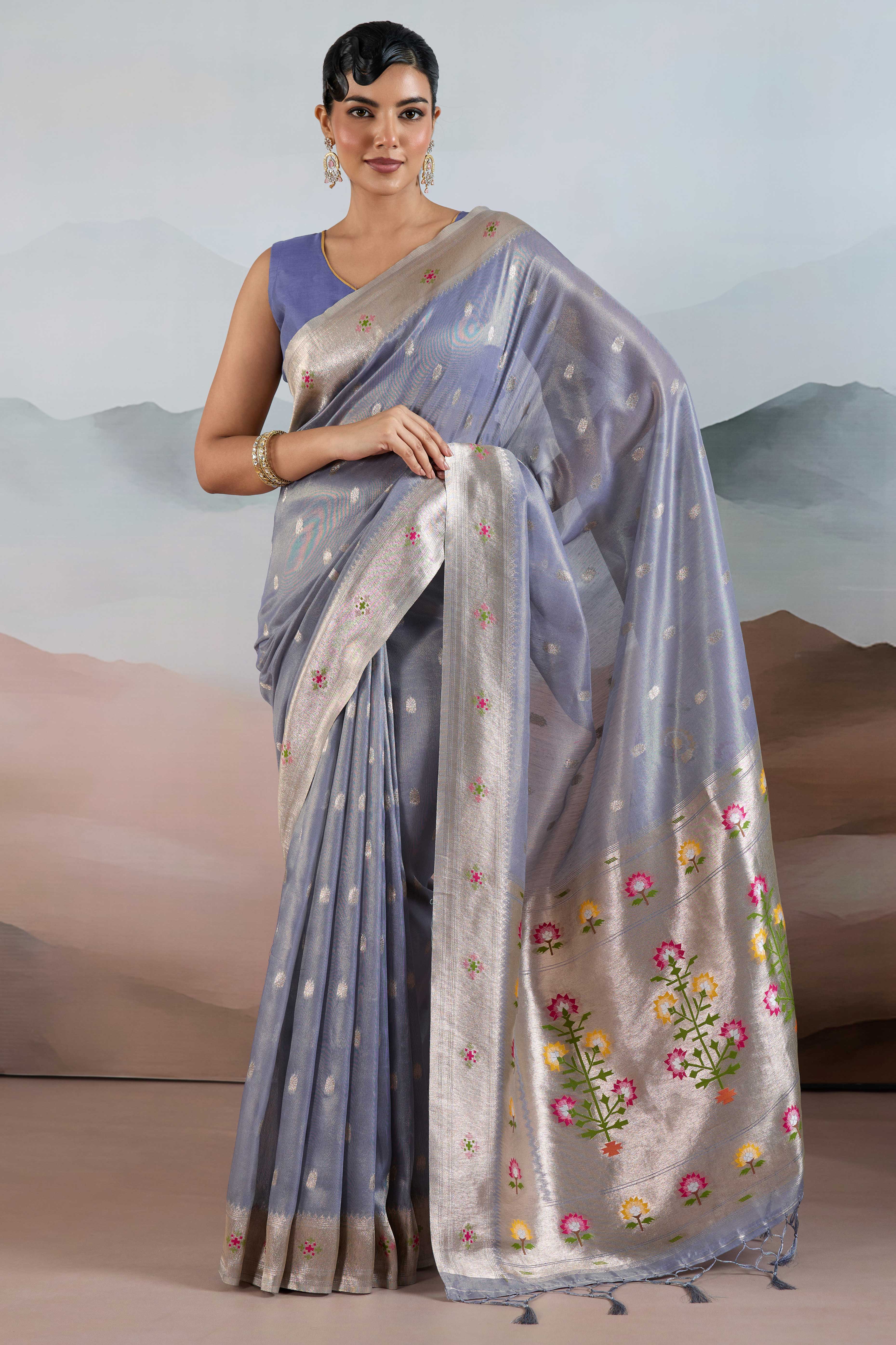 Blue Festive Tissue Saree Crafted with Artistic Zari Butti Weaving and a Featherlight Texture