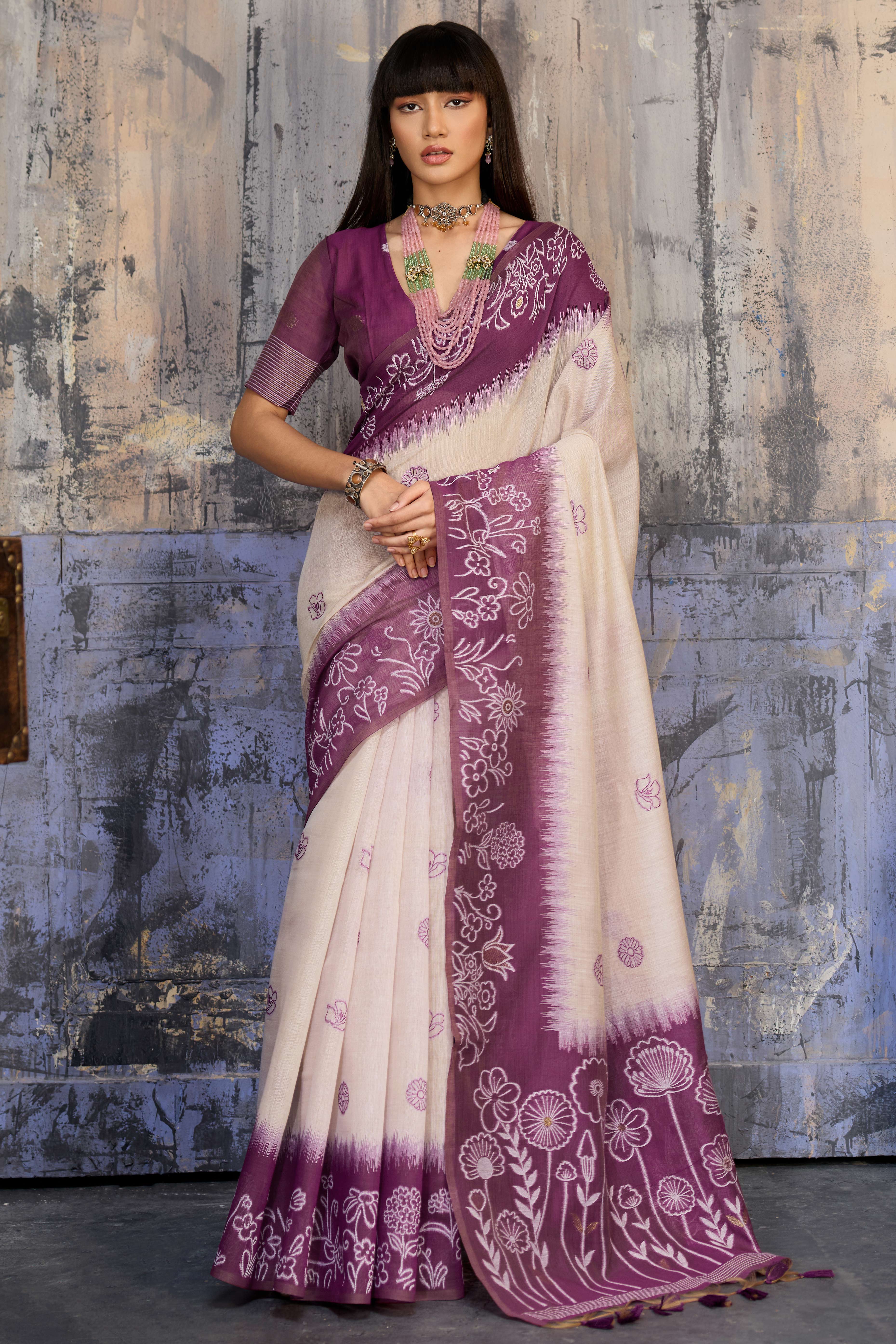Beige & Purple Classic Munga Cotton Blend Saree with Intricate Floral Woven Detailing