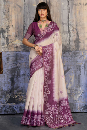 Beige & Purple Classic Munga Cotton Blend Saree with Intricate Floral Woven Detailing
