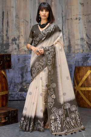 Beige & Dark Brown Classic Munga Cotton Blend Saree with Intricate Floral Woven Detailing