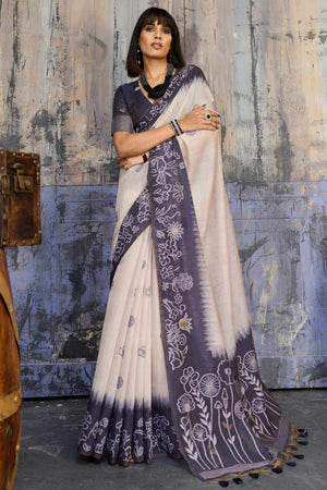 Beige & Blue Classic Munga Cotton Blend Saree with Intricate Floral Woven Detailing