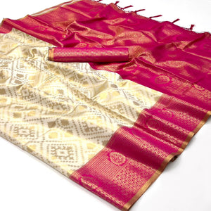 Off White Woven Art Silk Saree With Tassels