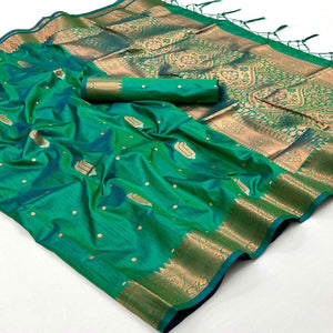 Green Woven Cotton Silk Saree With Tassels