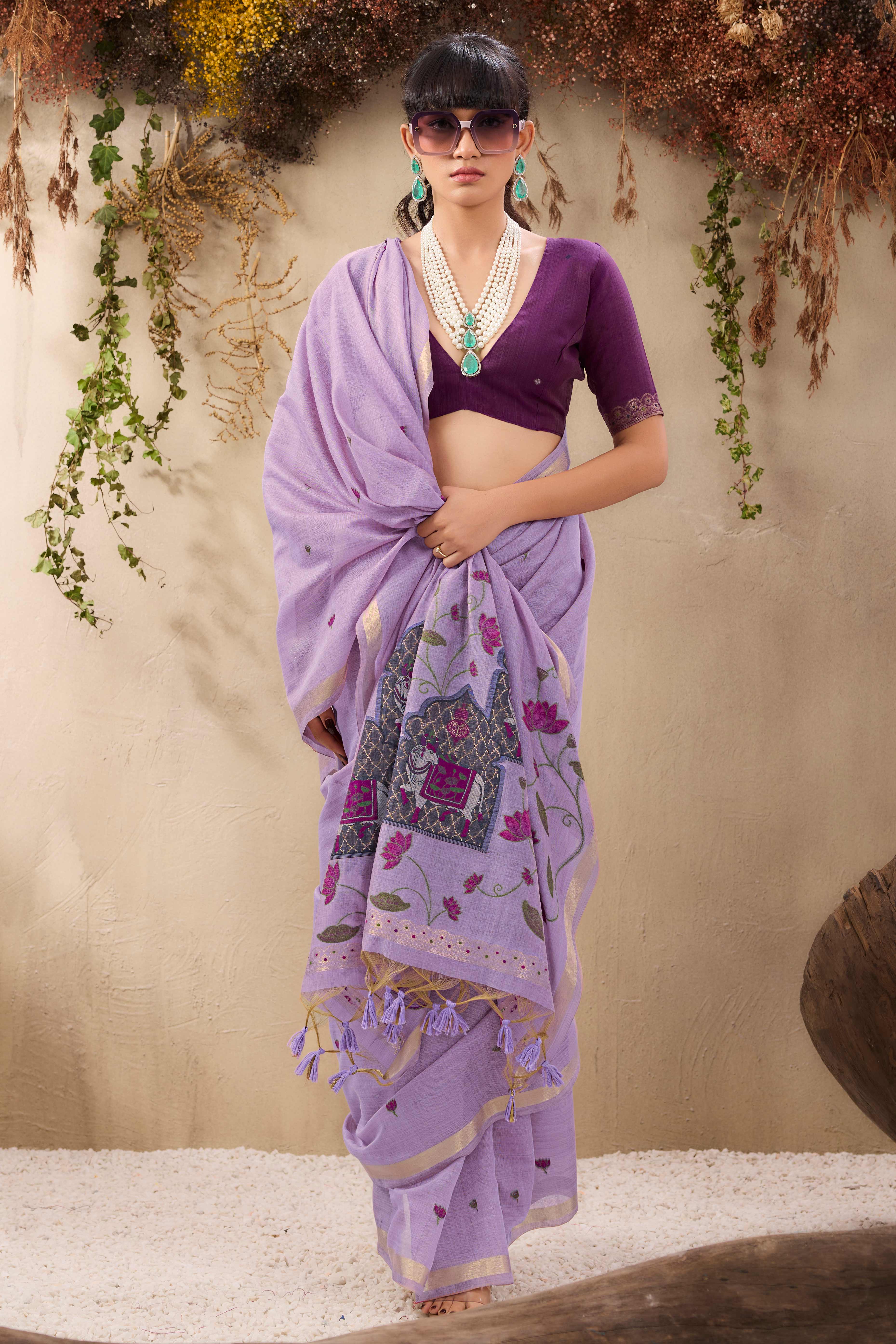 Purple Lightweight Handloom Munga Cotton Blend Saree Accented with Floral Woven Motifs