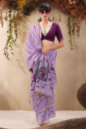 Purple Lightweight Handloom Munga Cotton Blend Saree Accented with Floral Woven Motifs