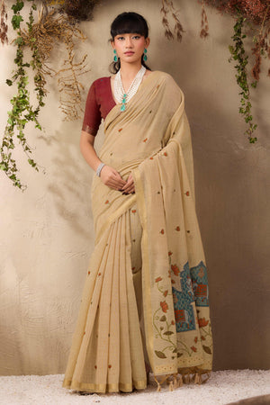Beige Lightweight Handloom Munga Cotton Blend Saree Accented with Floral Woven Motifs