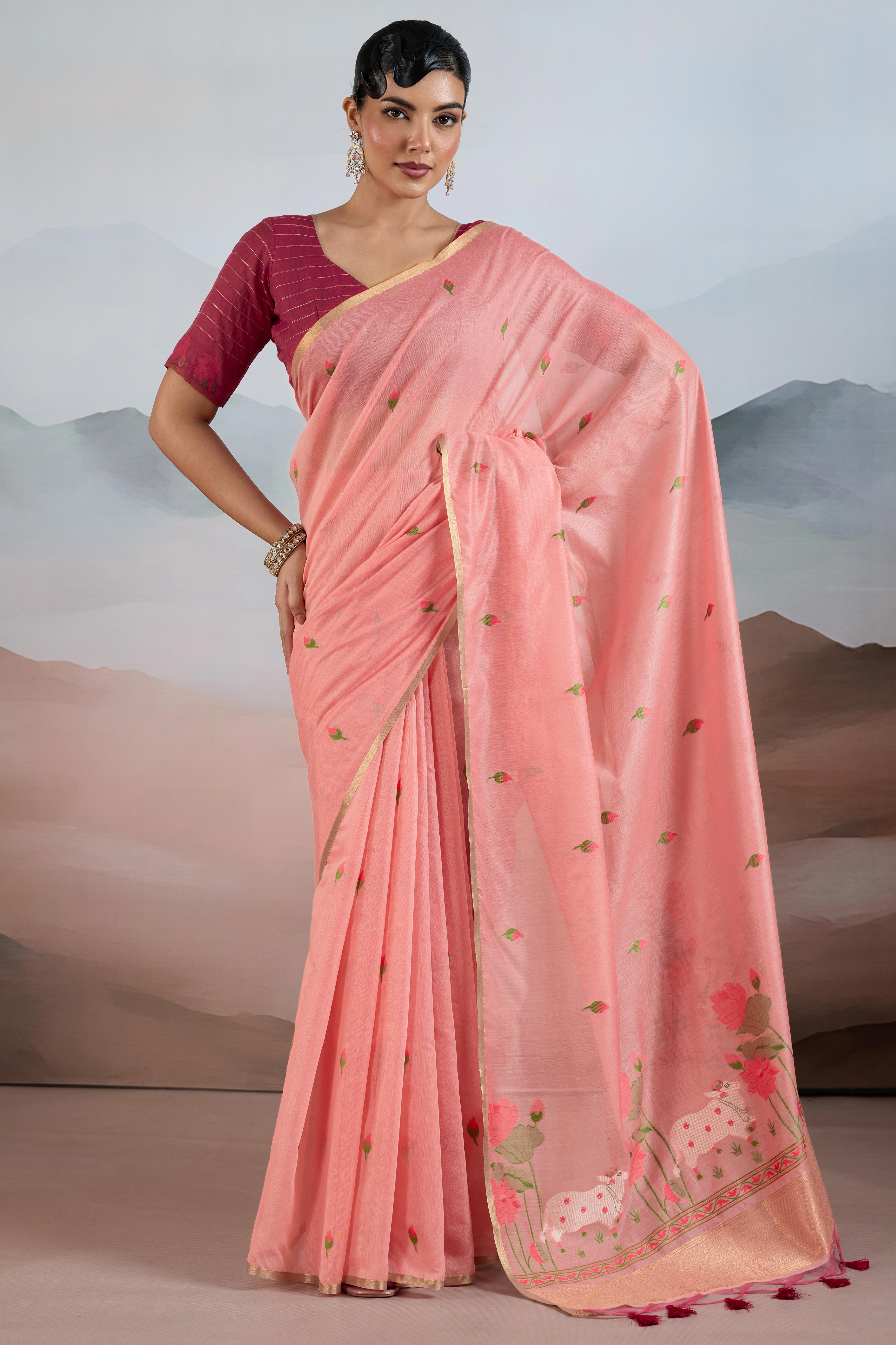 Trendy Peach Cotton Blend Weaving Saree Showcasing Floral & Animal Motif & Classic Tassel Pallu