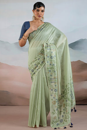 Green Tissue Silk Saree Showcasing Floral & Striped Weaving With Tassel Adornment