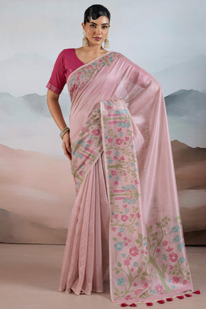 Pink Tissue Silk Saree Showcasing Floral & Striped Weaving With Tassel Adornment