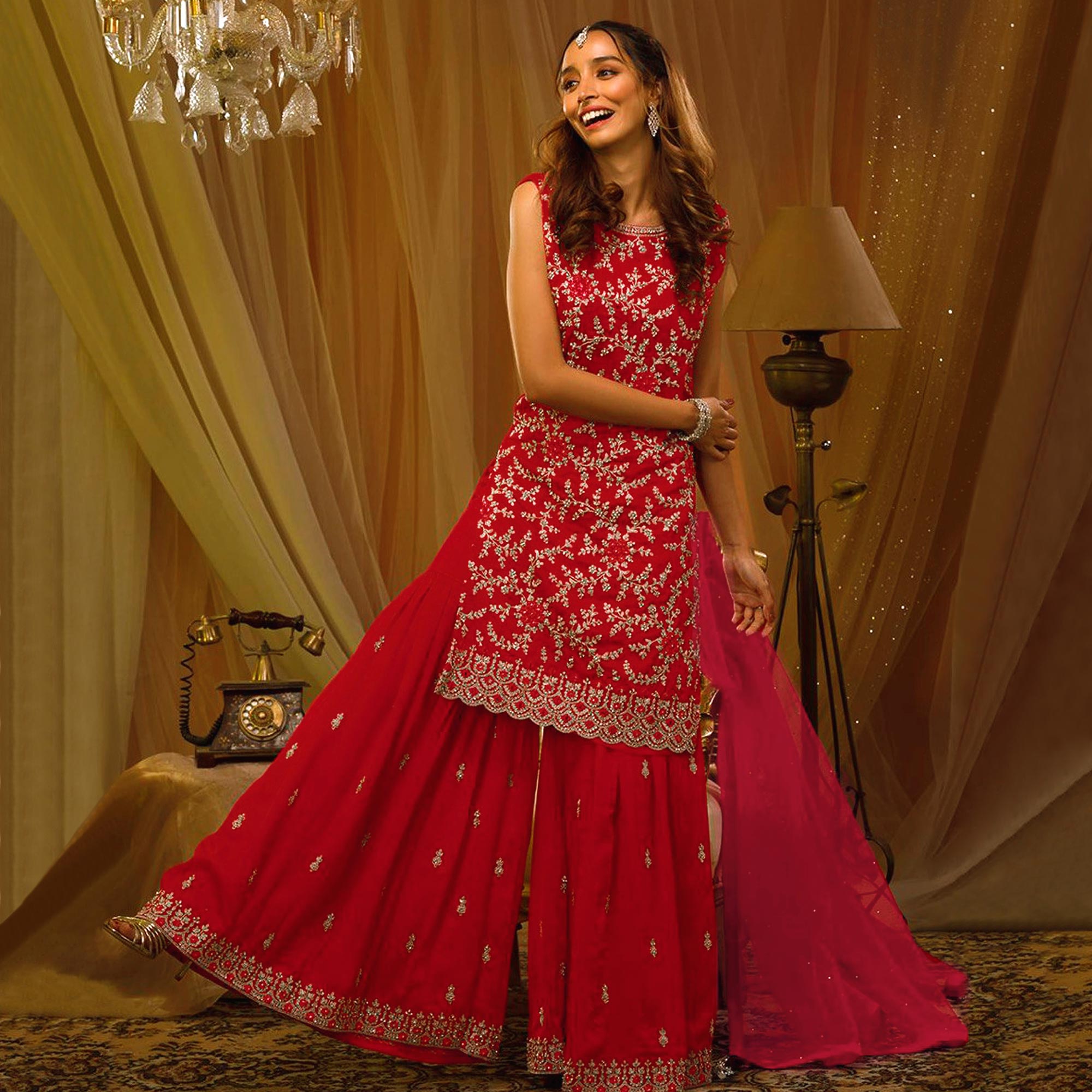 Red Sequins Embroidered Georgette Semi Stitched Sharara Suit