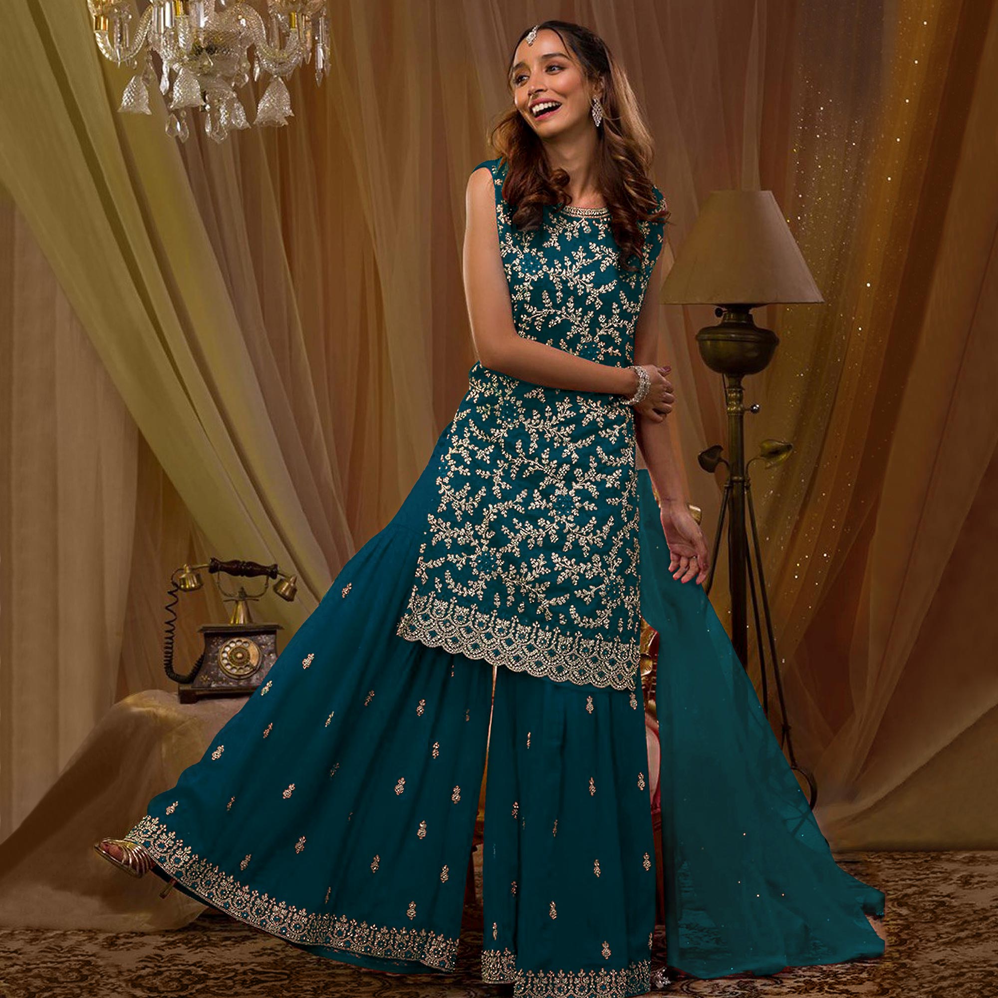 Morpich Sequins Embroidered Georgette Semi Stitched Sharara Suit