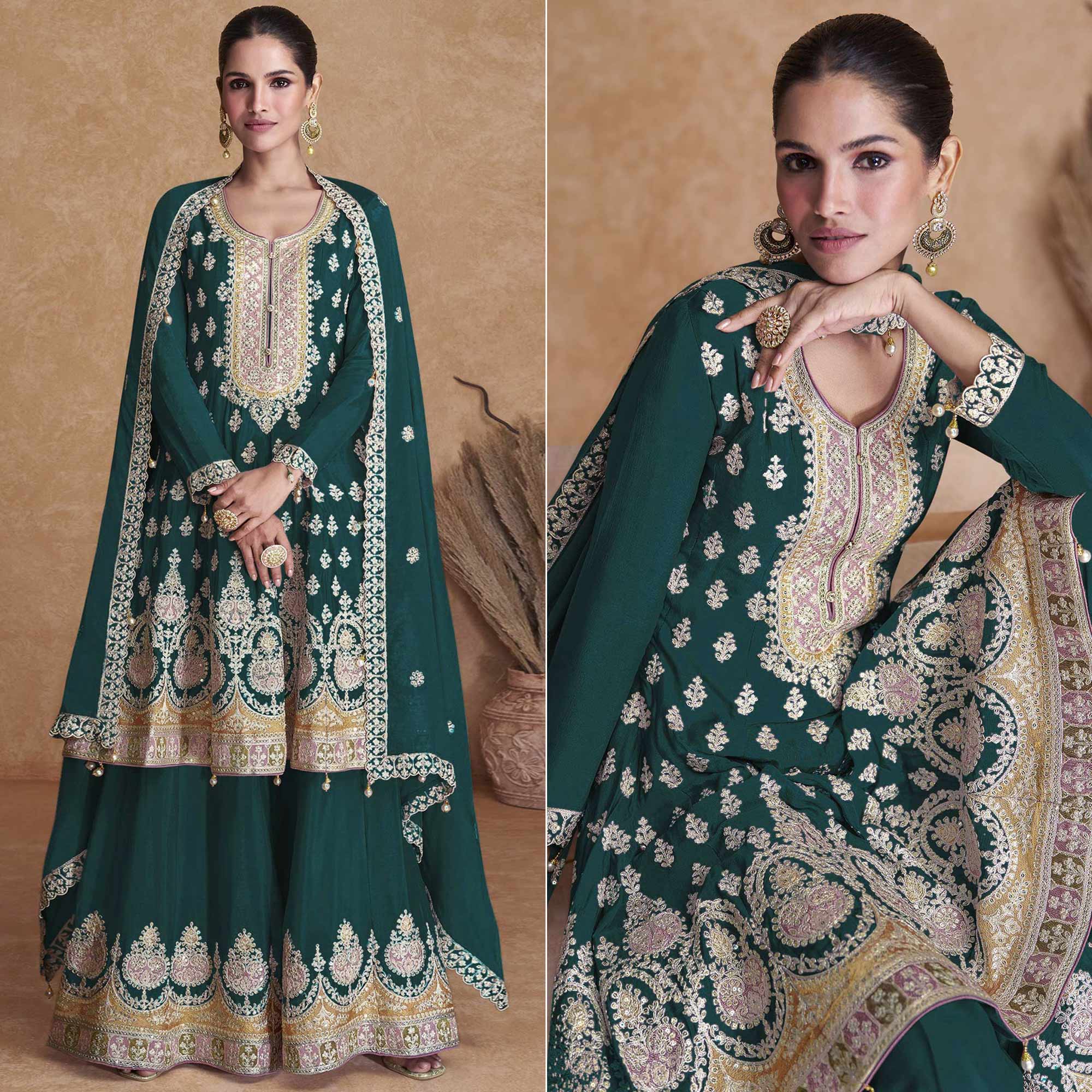 Green Sequins Embroidered Georgette Semi Stitched Sharara Suit