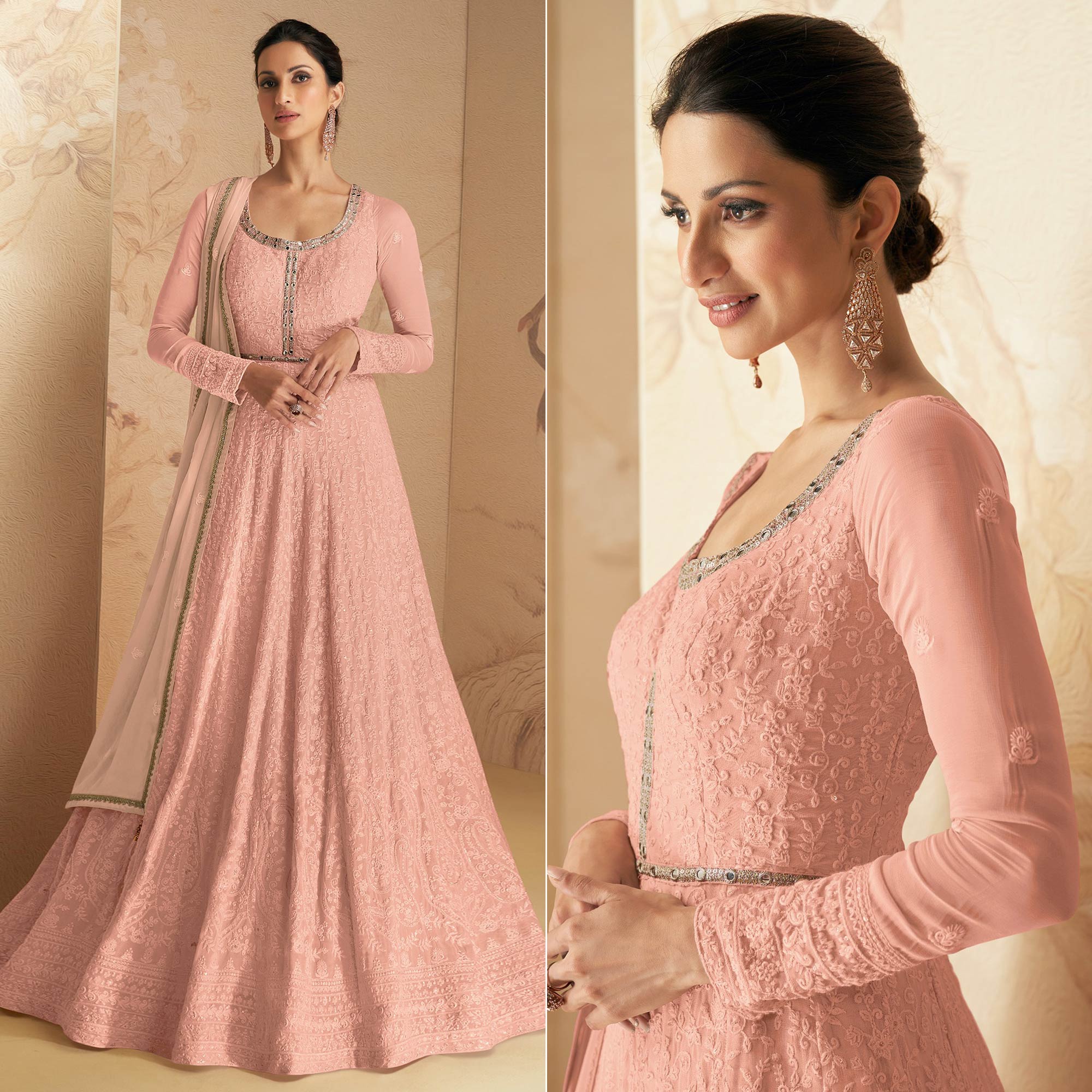 Peach Floral Embroidered Georgette Semi Stitched Anarkali Suit