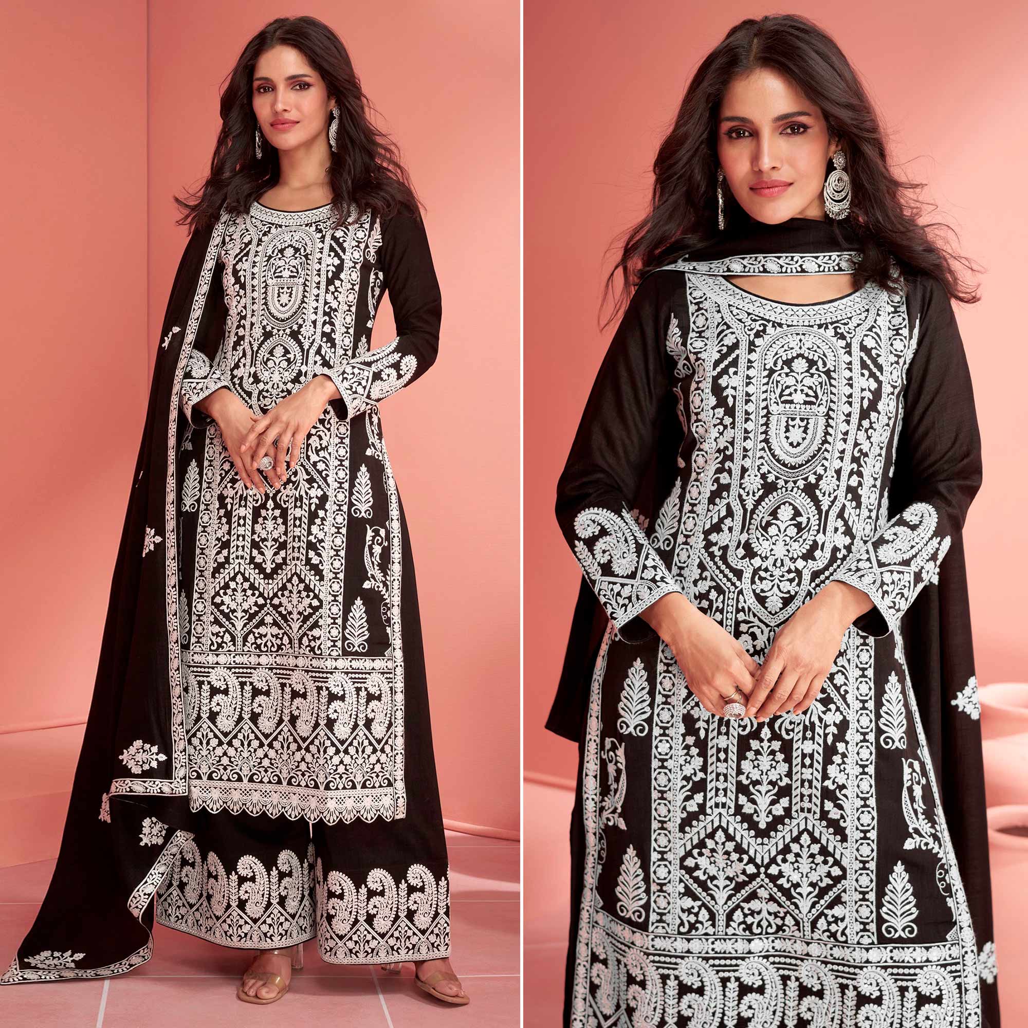 Black Floral Embroidered Georgette Semi Stitched Suit