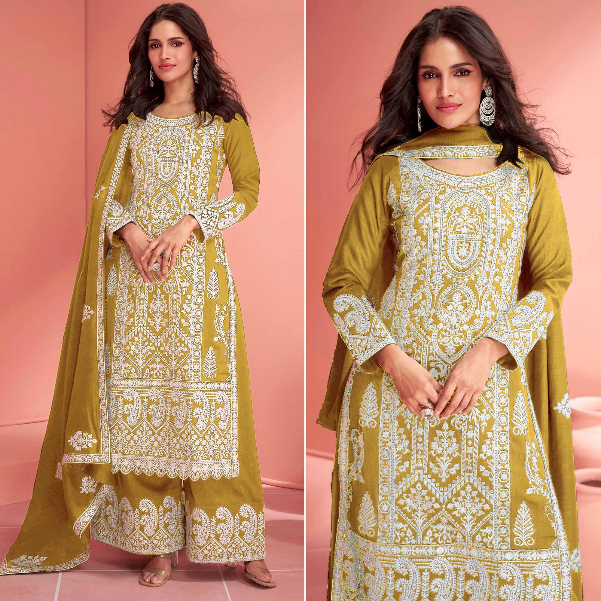 Mustard Floral Embroidered Georgette Semi Stitched Suit