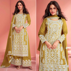 Mustard Floral Embroidered Georgette Semi Stitched Suit