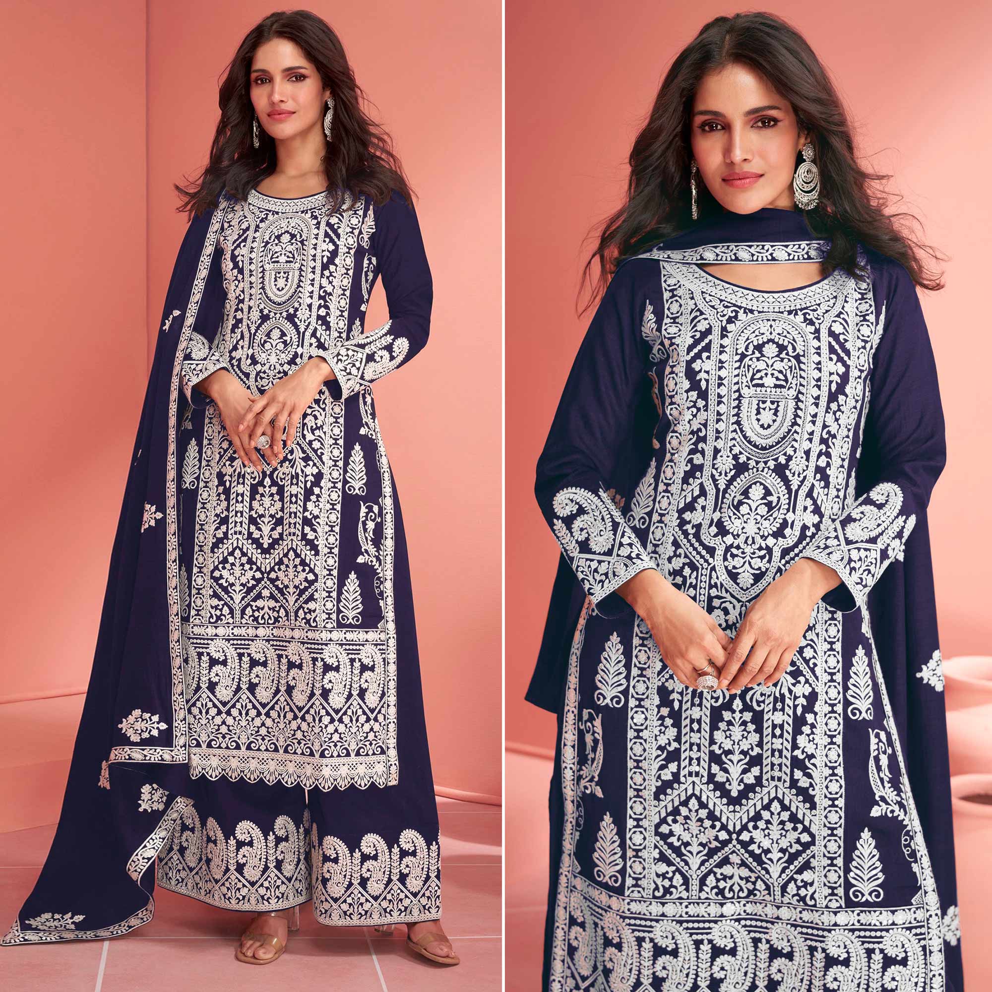 Blue Floral Embroidered Georgette Semi Stitched Suit