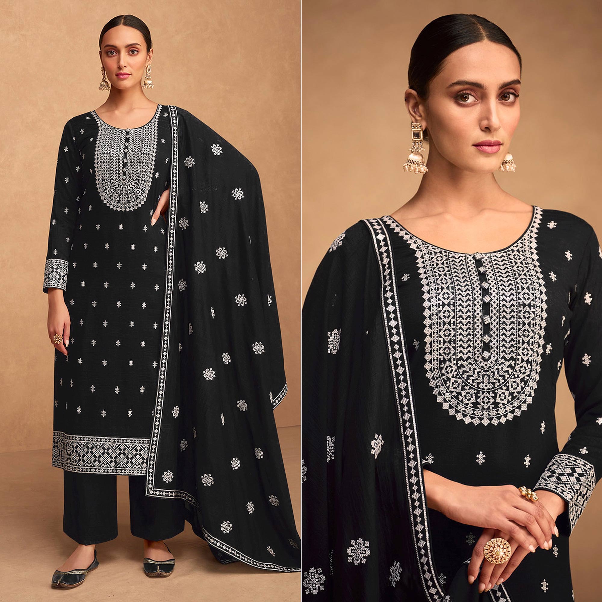 Black Sequins Embroidered Art Silk Semi Stitched Suit