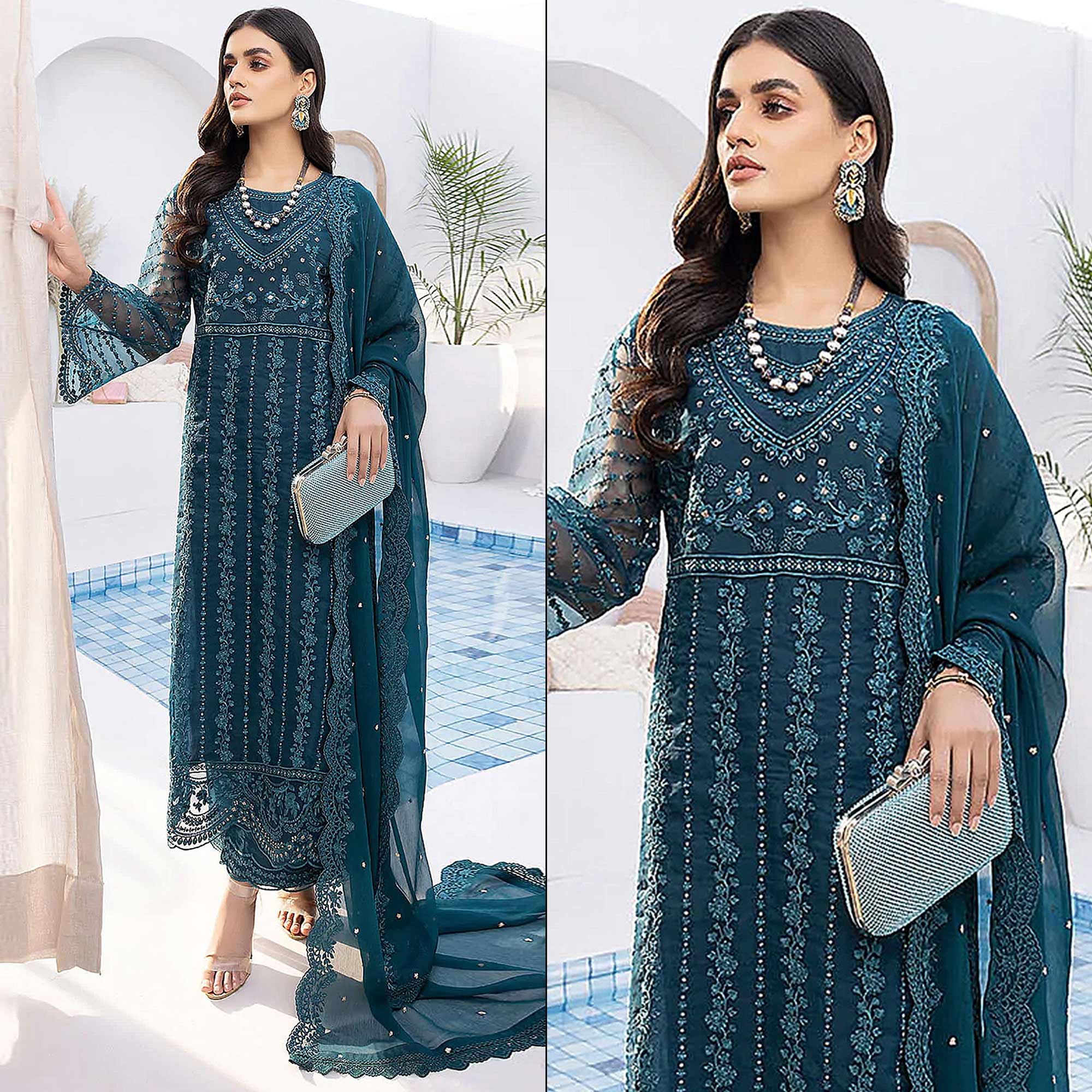 Teal Blue Floral Embroidered Organza Semi Stitched Suit