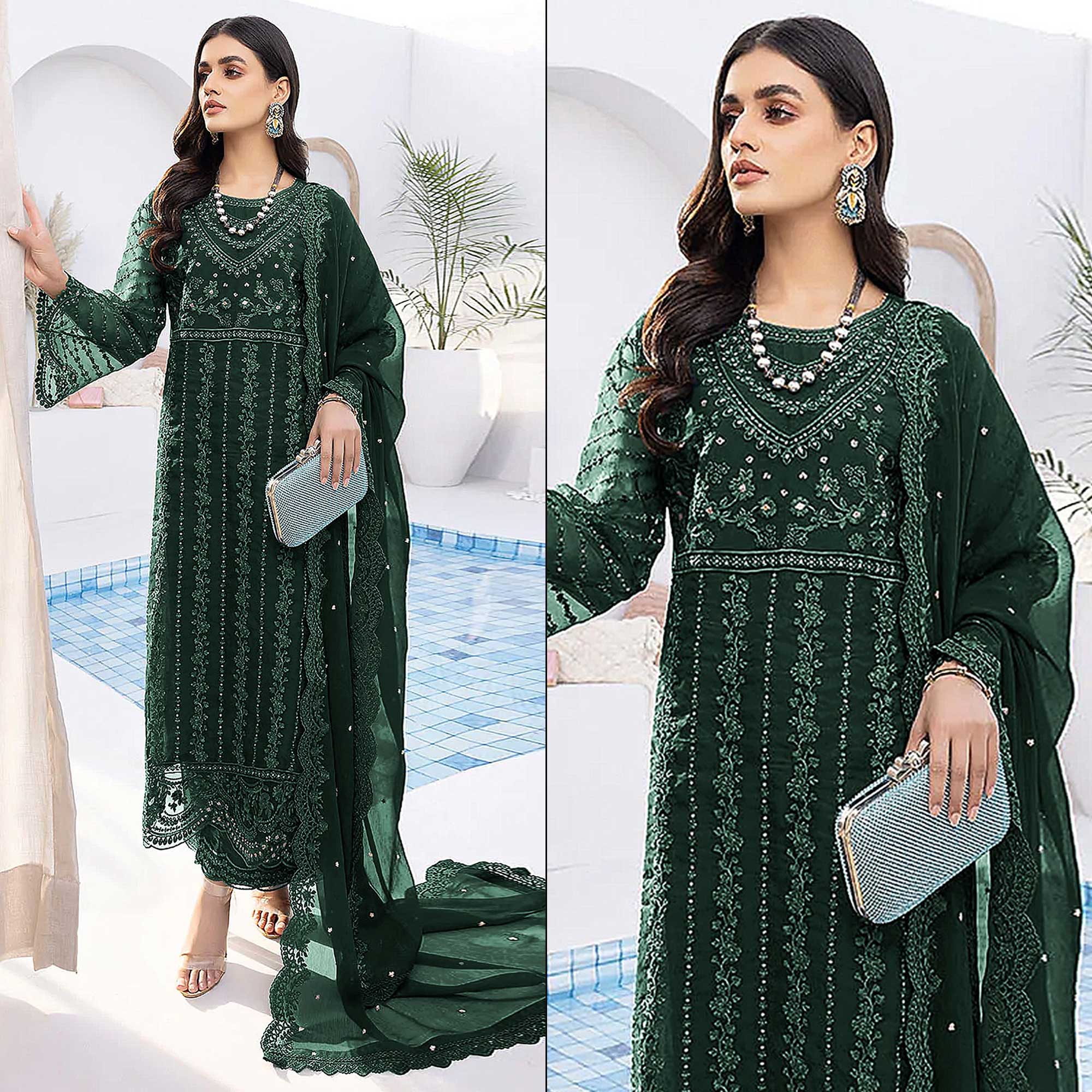 Bottle Green Floral Embroidered Organza Semi Stitched Suit