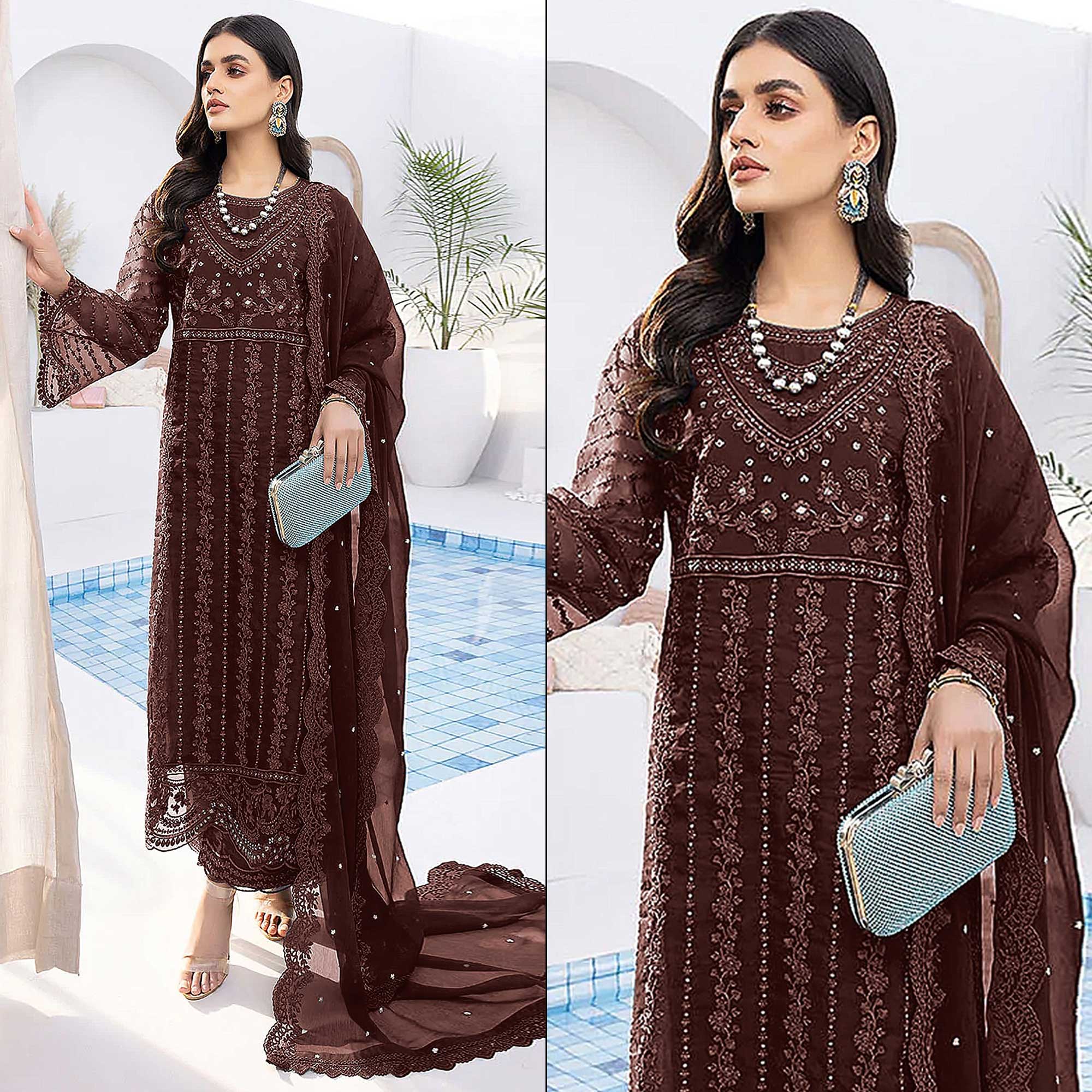 Brown Floral Embroidered Organza Semi Stitched Suit