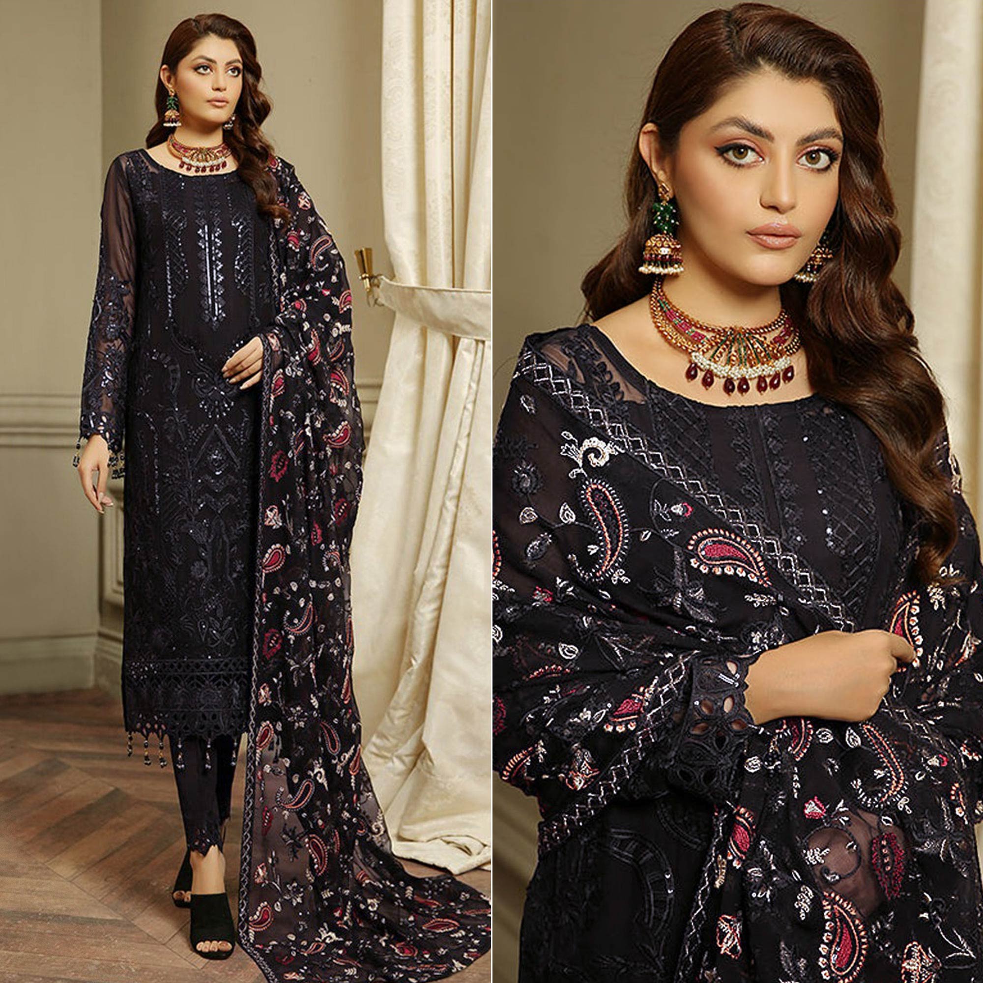 Black Embroidered Georgette Semi Stitched Pakistani Suit