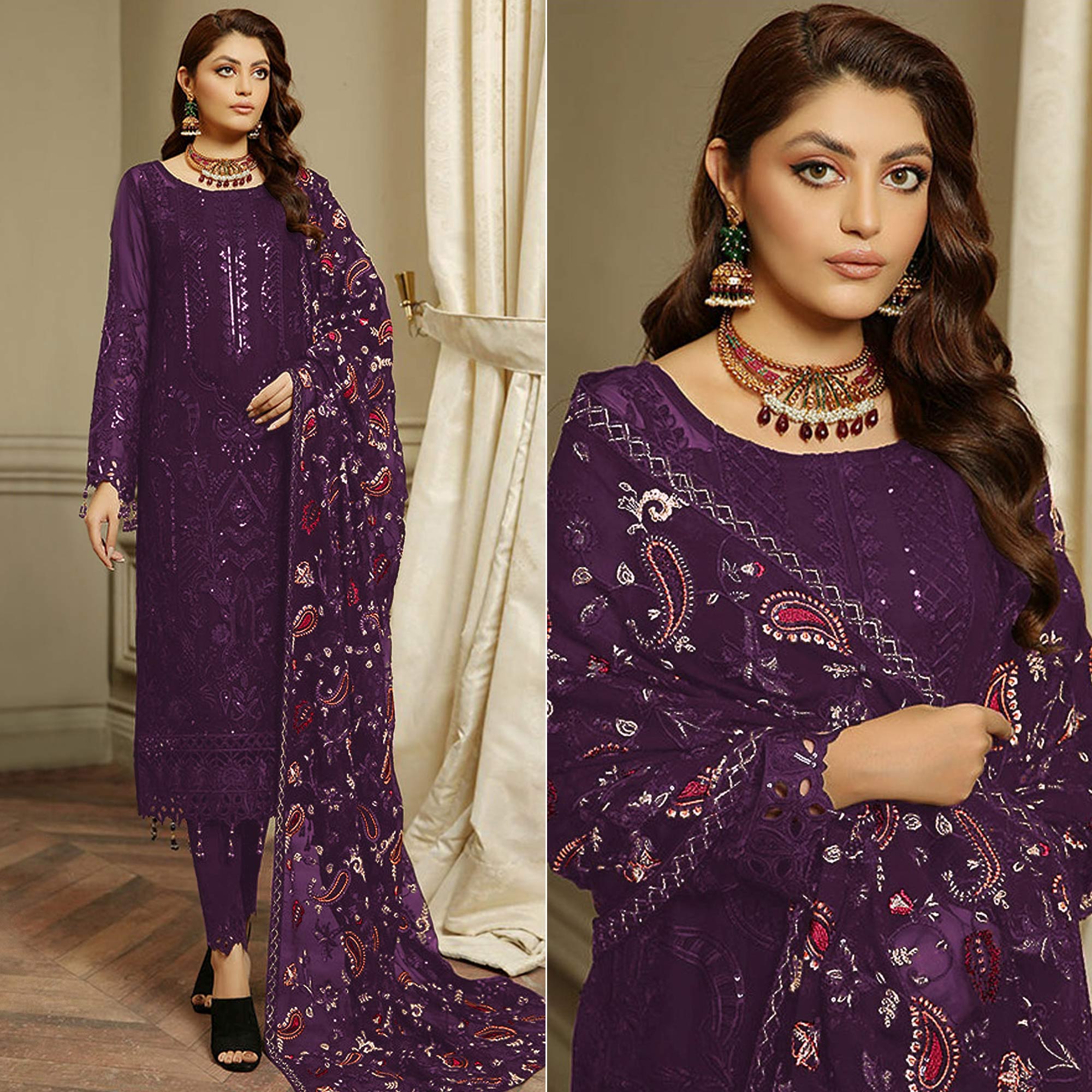 Purple Embroidered Georgette Semi Stitched Pakistani Suit