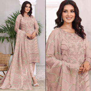 Peach Embroidered Georgette Pakistani Semi Stitched Dress Material