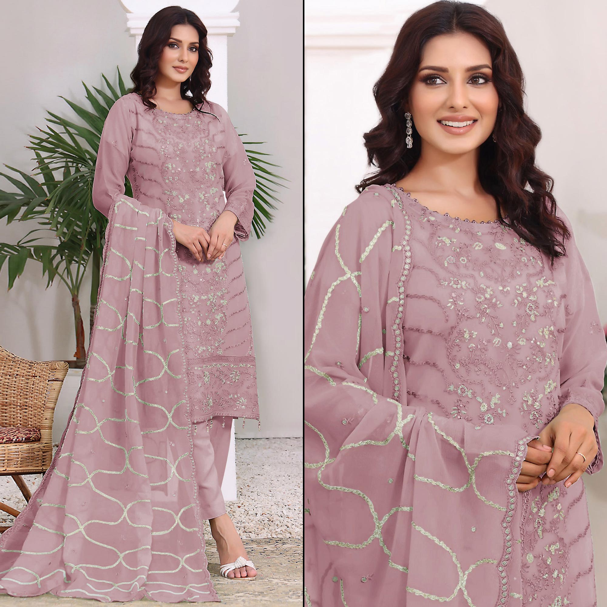 Dusty Pink Embroidered Georgette Pakistani Semi Stitched Dress Material