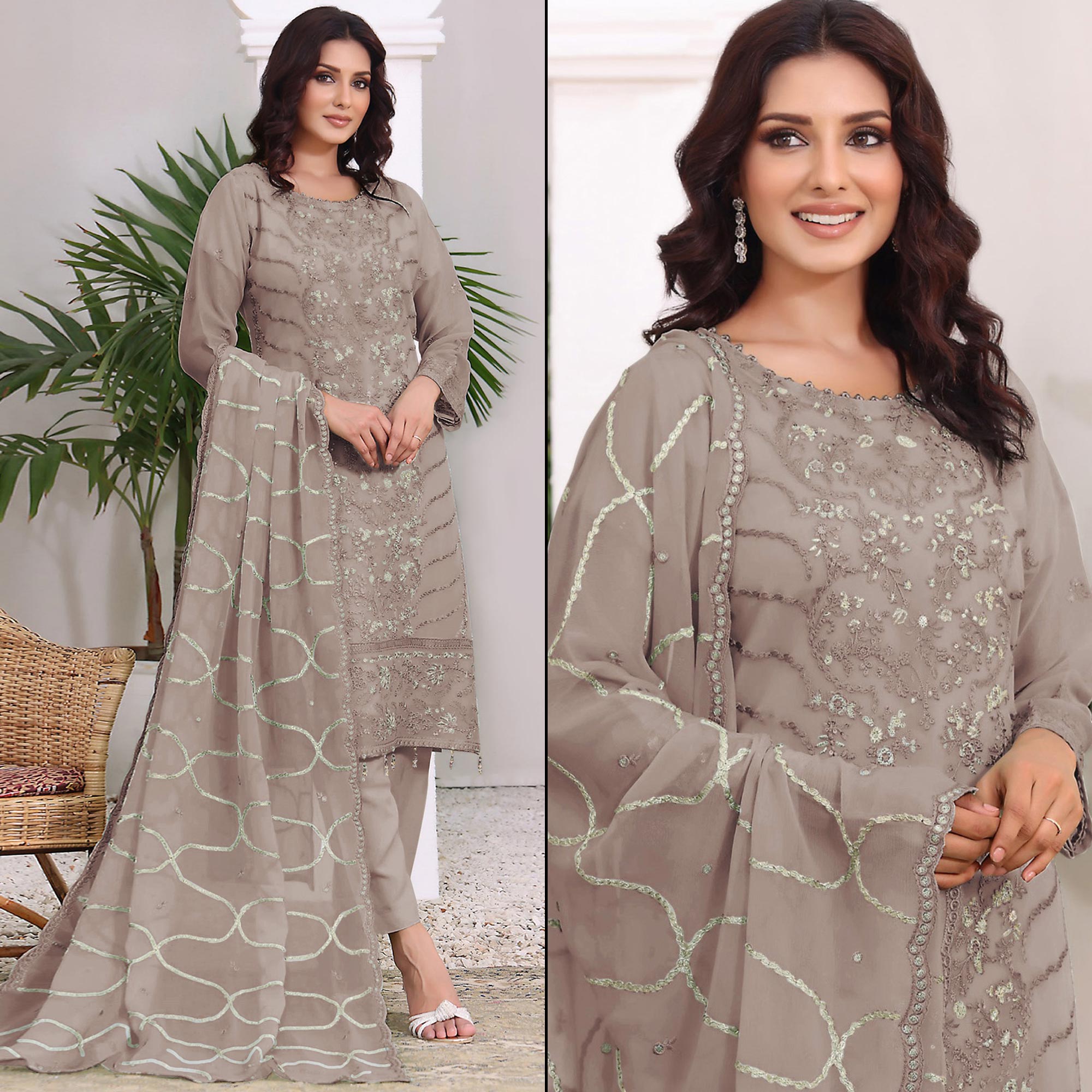 Beige Embroidered Georgette Pakistani Semi Stitched Dress Material