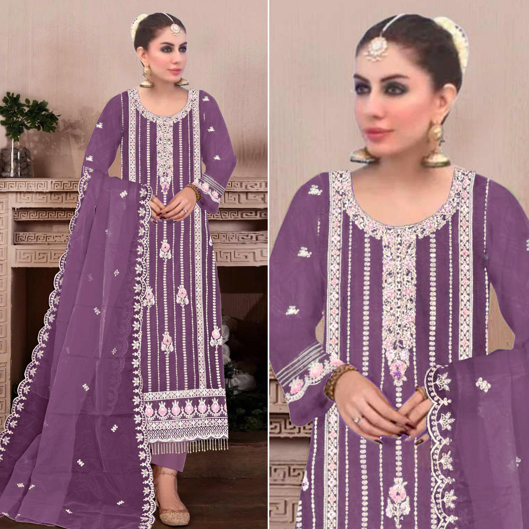 Purple Floral Hand Embroidered Georgette Semi Stitched Pakistani Suit