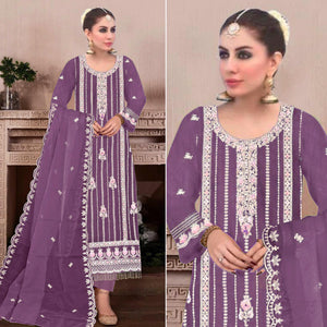 Purple Floral Hand Embroidered Georgette Semi Stitched Pakistani Suit