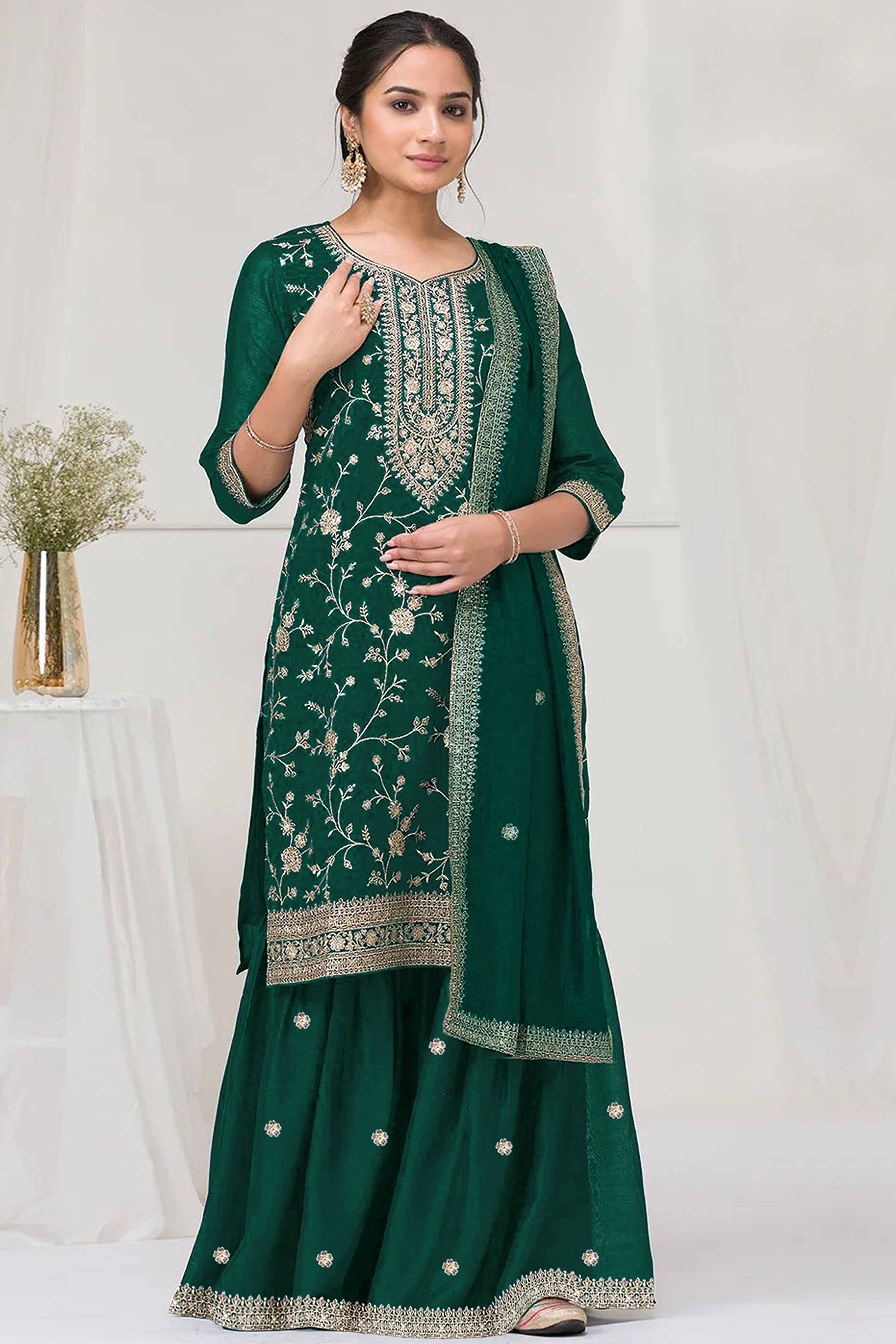 Bottle Green Beautiful Embroidered Pakistani Style Semi-Stitched Salwar Suit in Soft Georgette Fabric