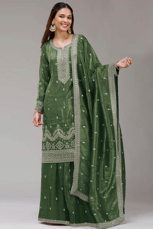 Green Embroidered Georgette Palazzo Style Semi-Stitched Salwar Suit for Graceful Occasions